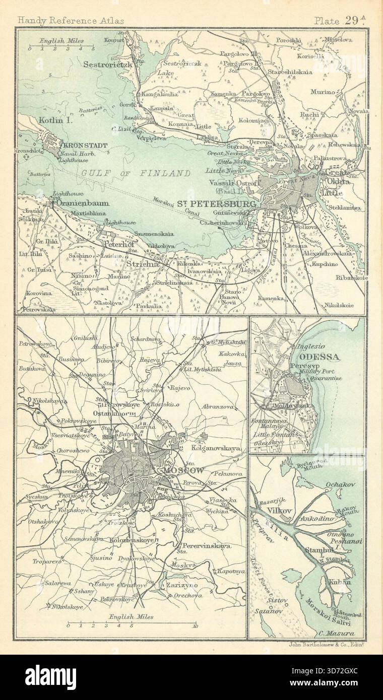 Dintorni di San Pietroburgo, Mosca e Odessa. Russia. BARTHOLOMEW 1909 vecchia mappa Foto Stock