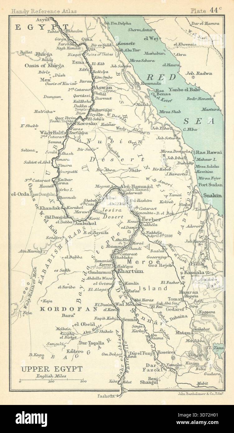 Alto Egitto. Valle del Nilo. Sudan. Mar Rosso. BARTHOLOMEW 1909 vecchia mappa antica Foto Stock