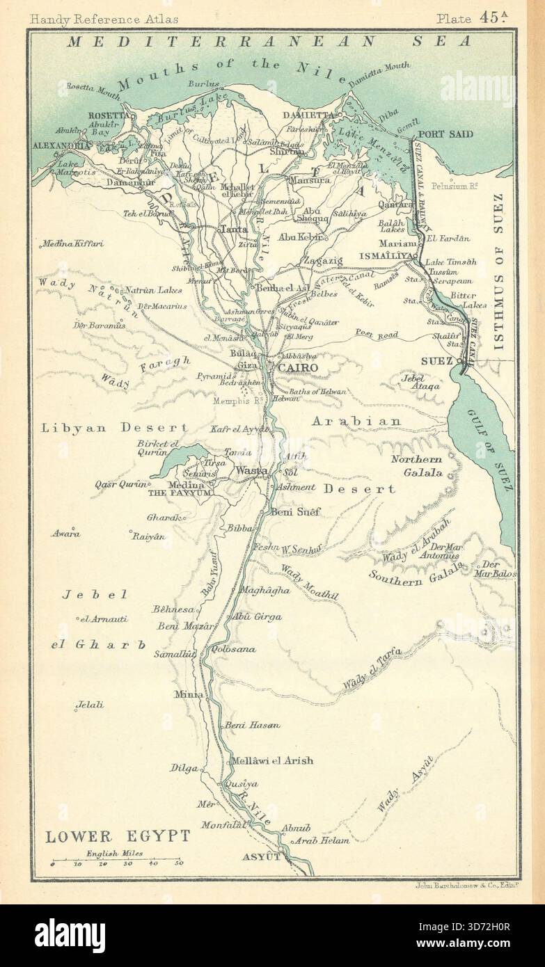 Basso Egitto. Valle del Nilo e delta. BARTHOLOMEW 1909 vecchia mappa cartografica antica Foto Stock