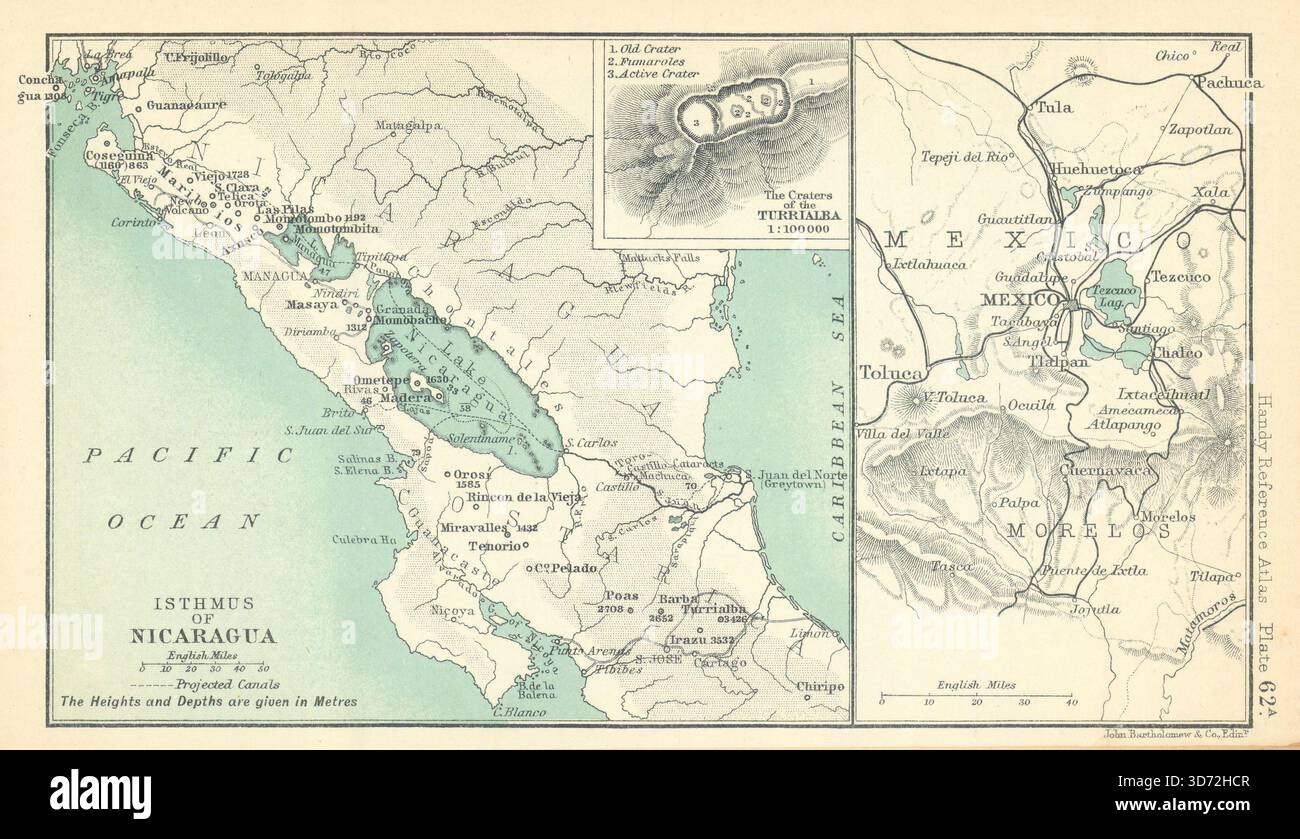 Istmo del Nicaragua. Città del Messico. Crateri della vecchia mappa di Turrialba 1909 Foto Stock