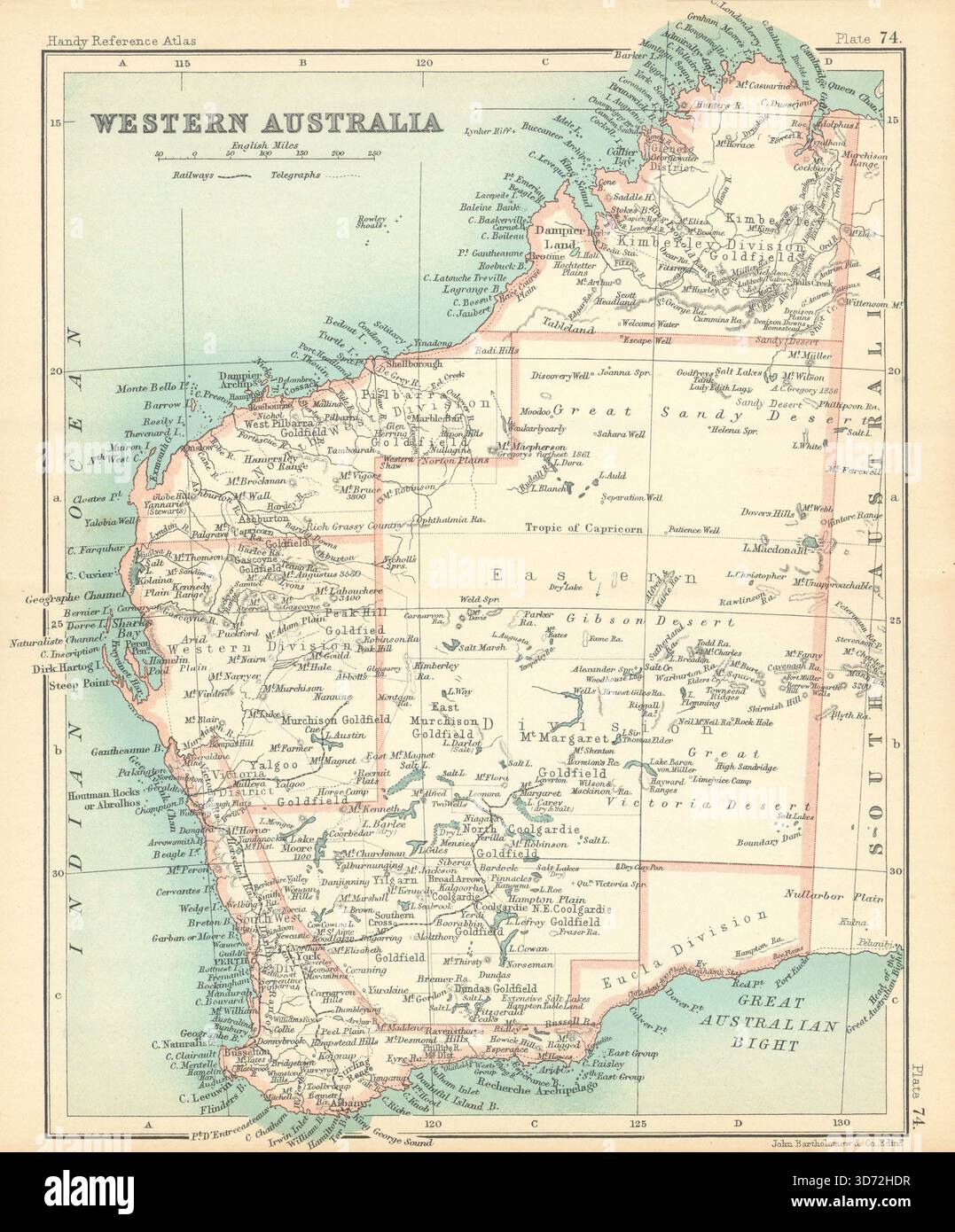 Mappa dello stato dell'Australia Occidentale che mostra i campi d'oro. BARTOLOMEO 1909 Foto Stock