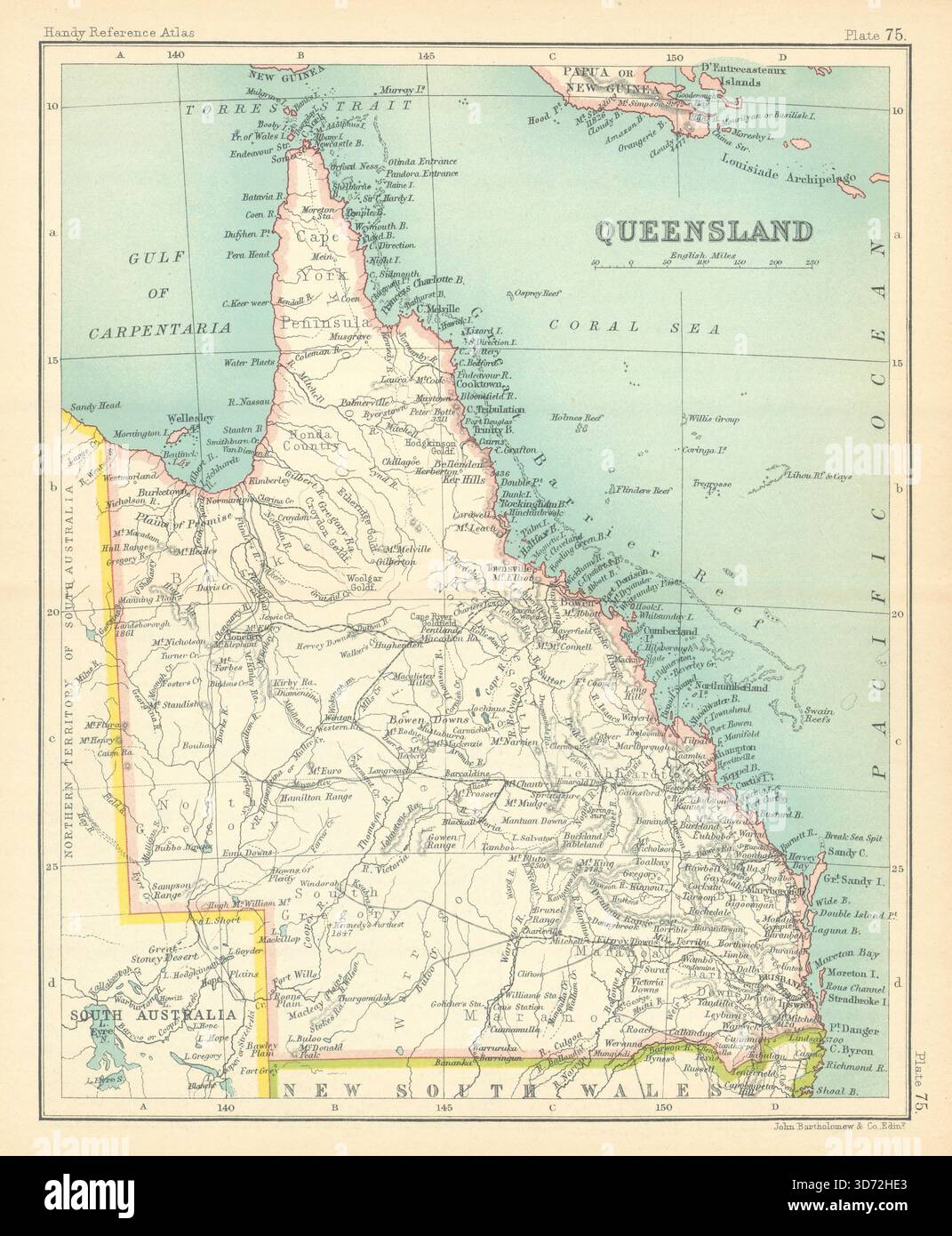 Mappa dello stato del Queensland. BARTHOLOMEW 1909 vecchia tabella dei piani d'epoca d'epoca Foto Stock
