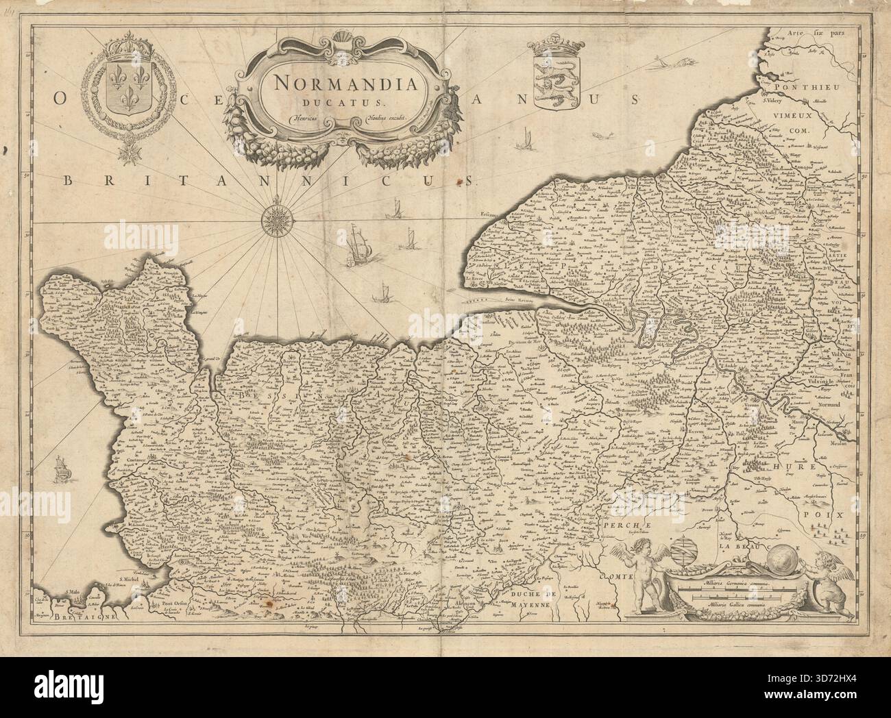 Normandia Ducatus. Il Ducato di Normandia di Henricus Hondius c1640 vecchia mappa Foto Stock