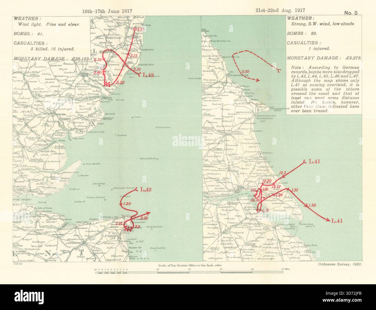 WW1 German Airship RAID 16–17 giugno; 21–22 agosto 1917 Yorkshire Suffolk 1935 mappa Foto Stock