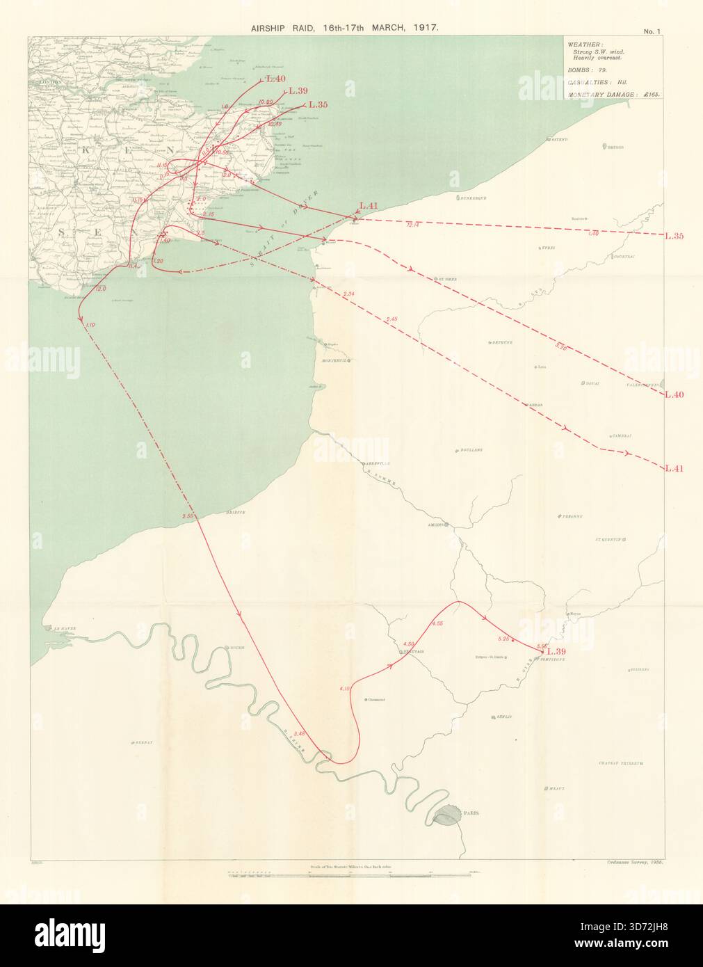 WW1 German Airship RAID 16–17 marzo 1917 Kent Winchelsea 1935 vecchia mappa d'epoca Foto Stock