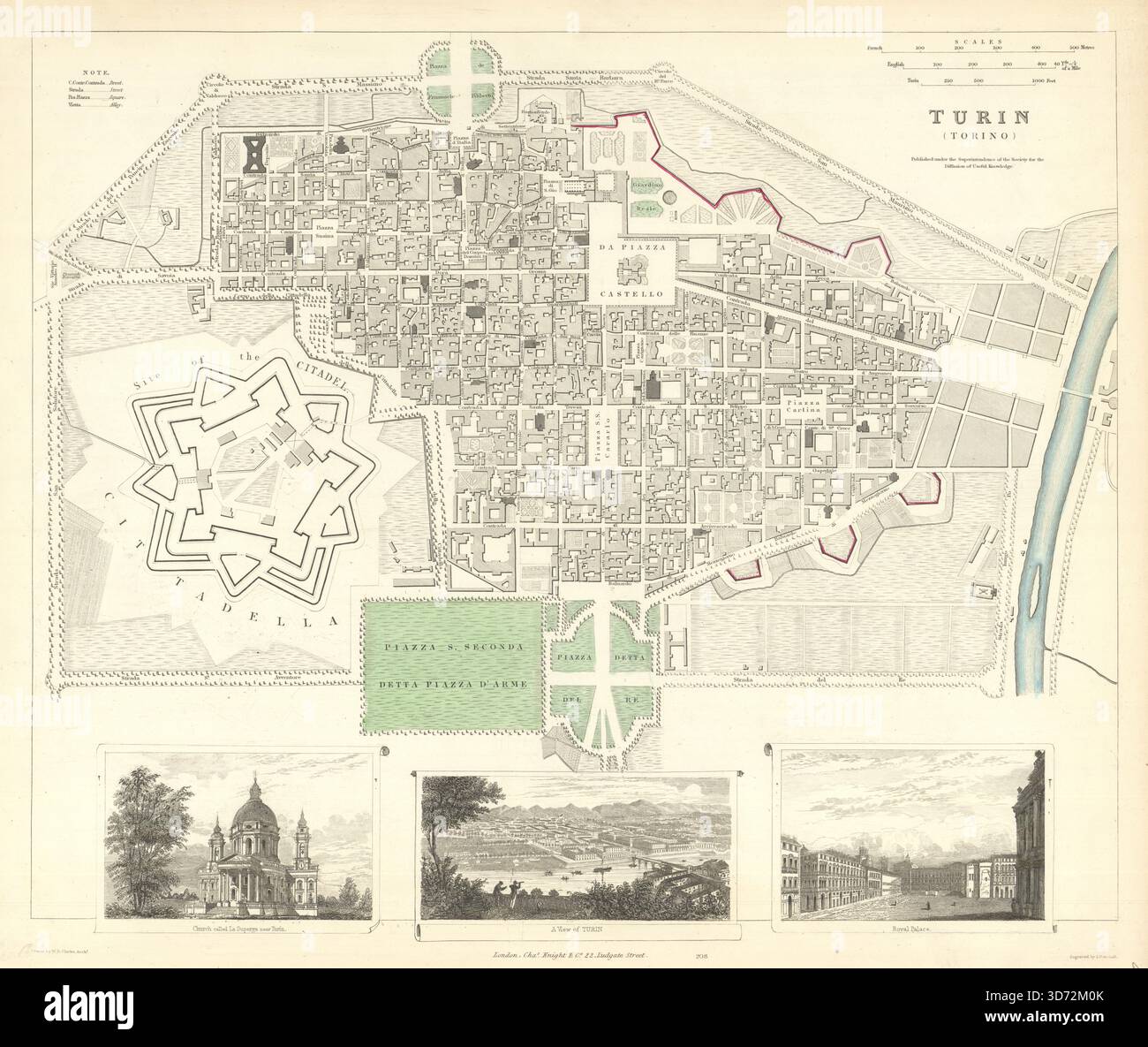 Torino Torino città antica città mappa piano e vista. Superga. Royal Palace. SDUK 1847 Foto Stock