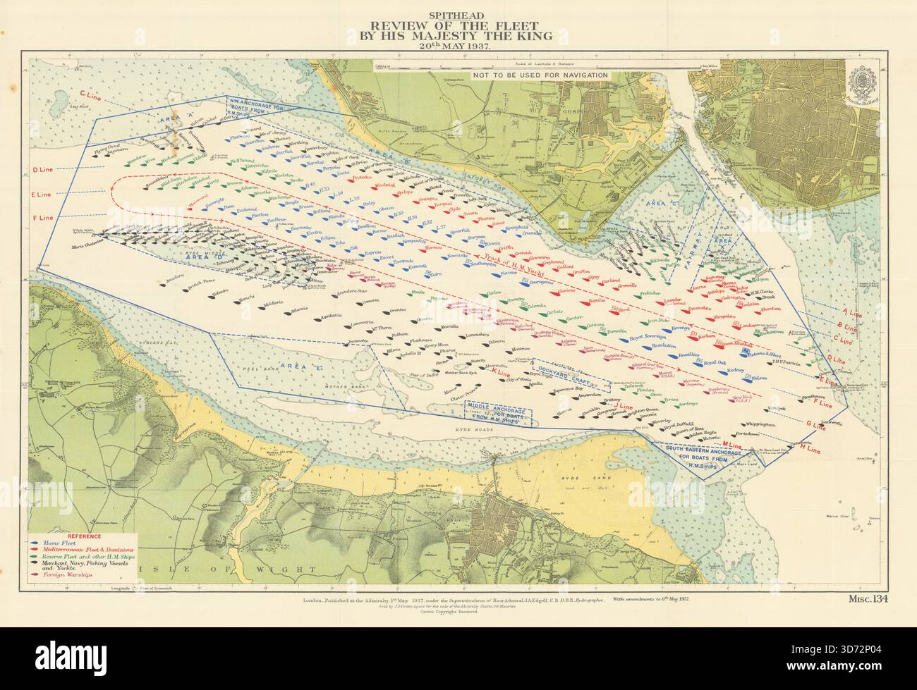 Spithead - revisione della flotta da parte di sua Maestà il Re. Ammiragliato 1937 vecchia mappa Foto Stock