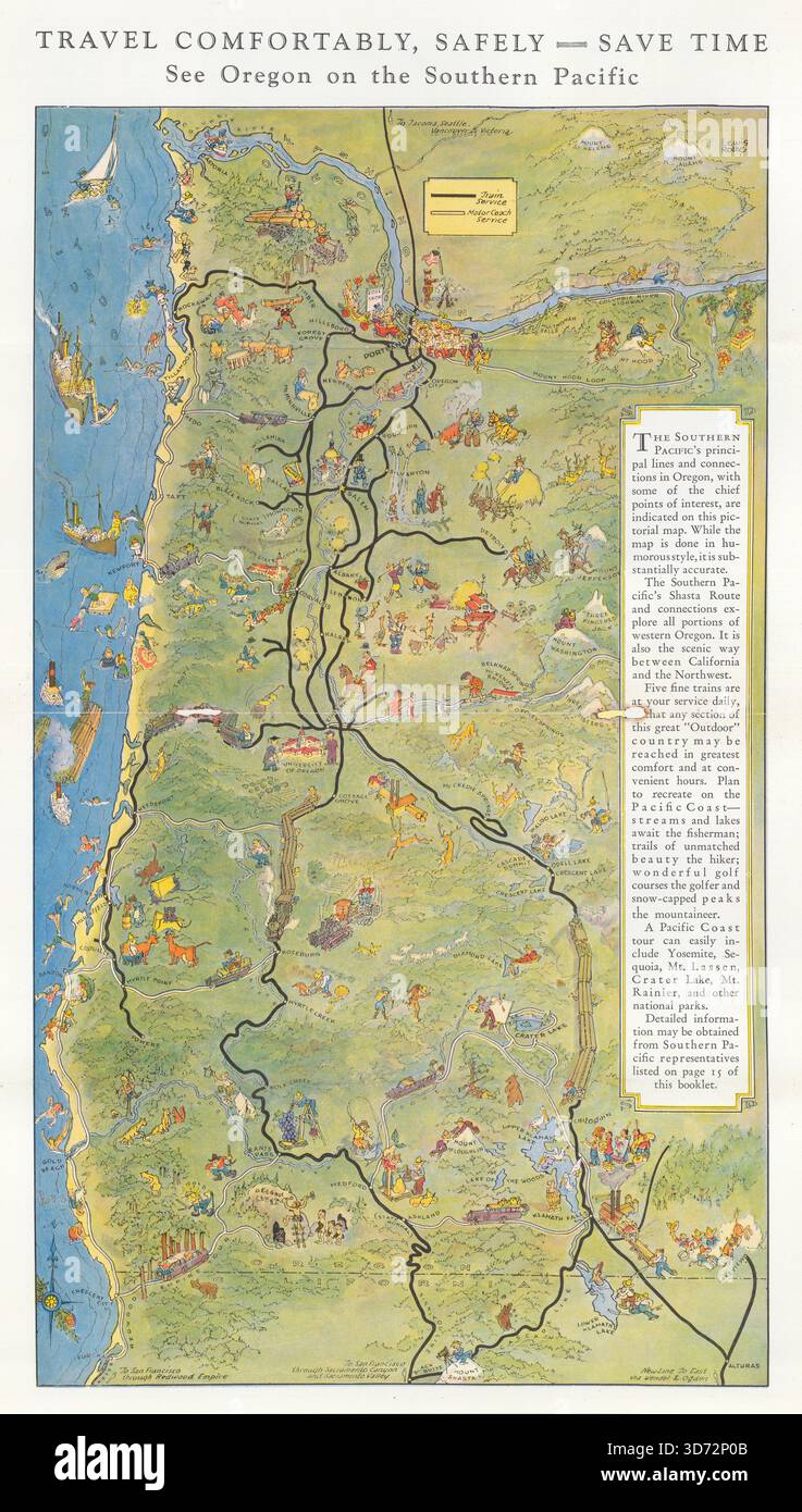 Guarda l'Oregon sul Pacifico meridionale con Lewis Rothe. Grafico della cartina ferroviaria 1929 Foto Stock