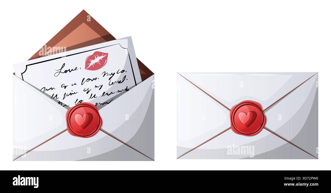 Buste Love Letter aperte e chiuse con sigillo rosso a cera. Grafica vettoriale isolata che illustra gli stati di corrispondenza e comunicazione Illustrazione Vettoriale
