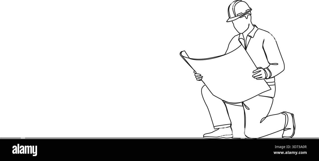 disegno continuo della linea dell'appaltatore che esamina il piano di costruzione, illustrazione vettoriale della line art Illustrazione Vettoriale