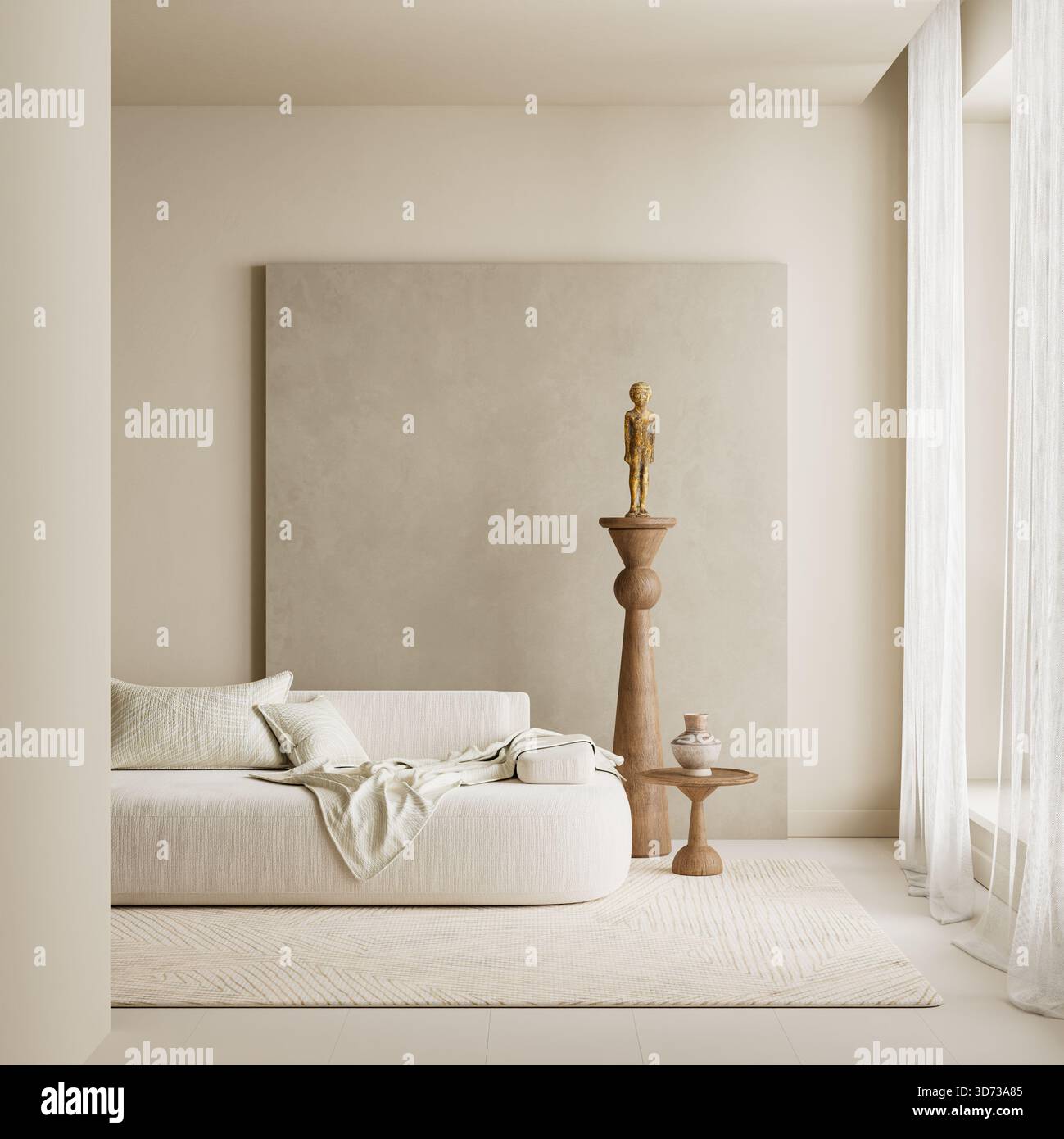 Un ambiente tranquillo e contemporaneo caratterizzato da un divano neutro, una scultura a piedistallo in legno e una luce naturale delicata che esalta l'elegante atmosfera minimalista 3D il Foto Stock