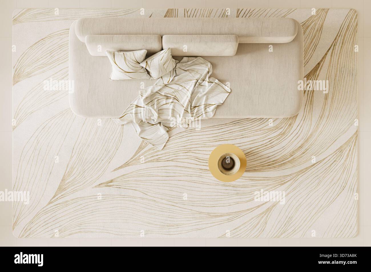 Una scena dall'alto che utilizza uno spazio negativo per enfatizzare il contrasto dei materiali, le ombre morbide e lo stile pulito e bilanciato creano un look moderno e minimalista Foto Stock