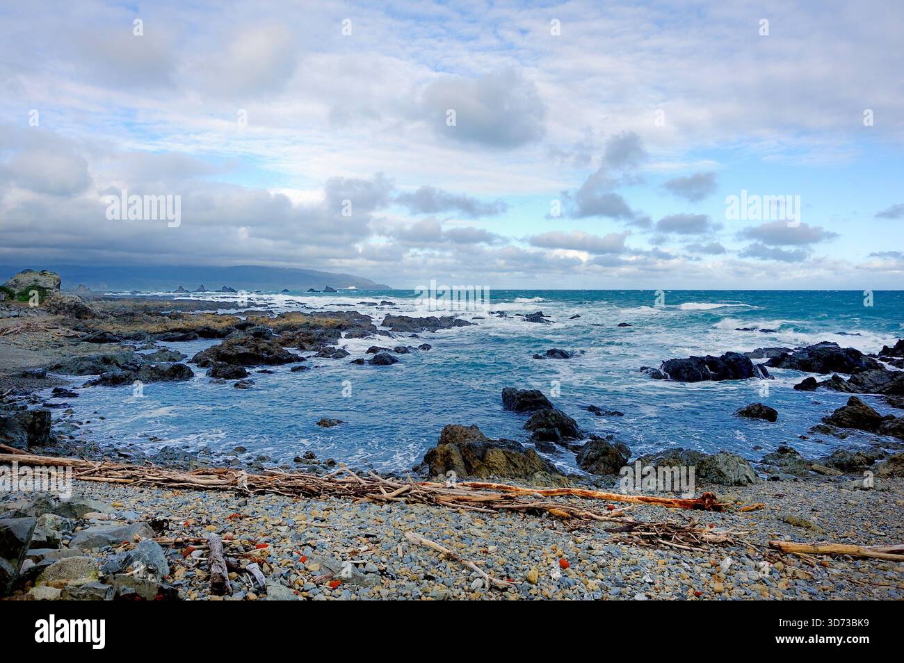Onde di tempesta che portano i detriti galleggianti Foto Stock