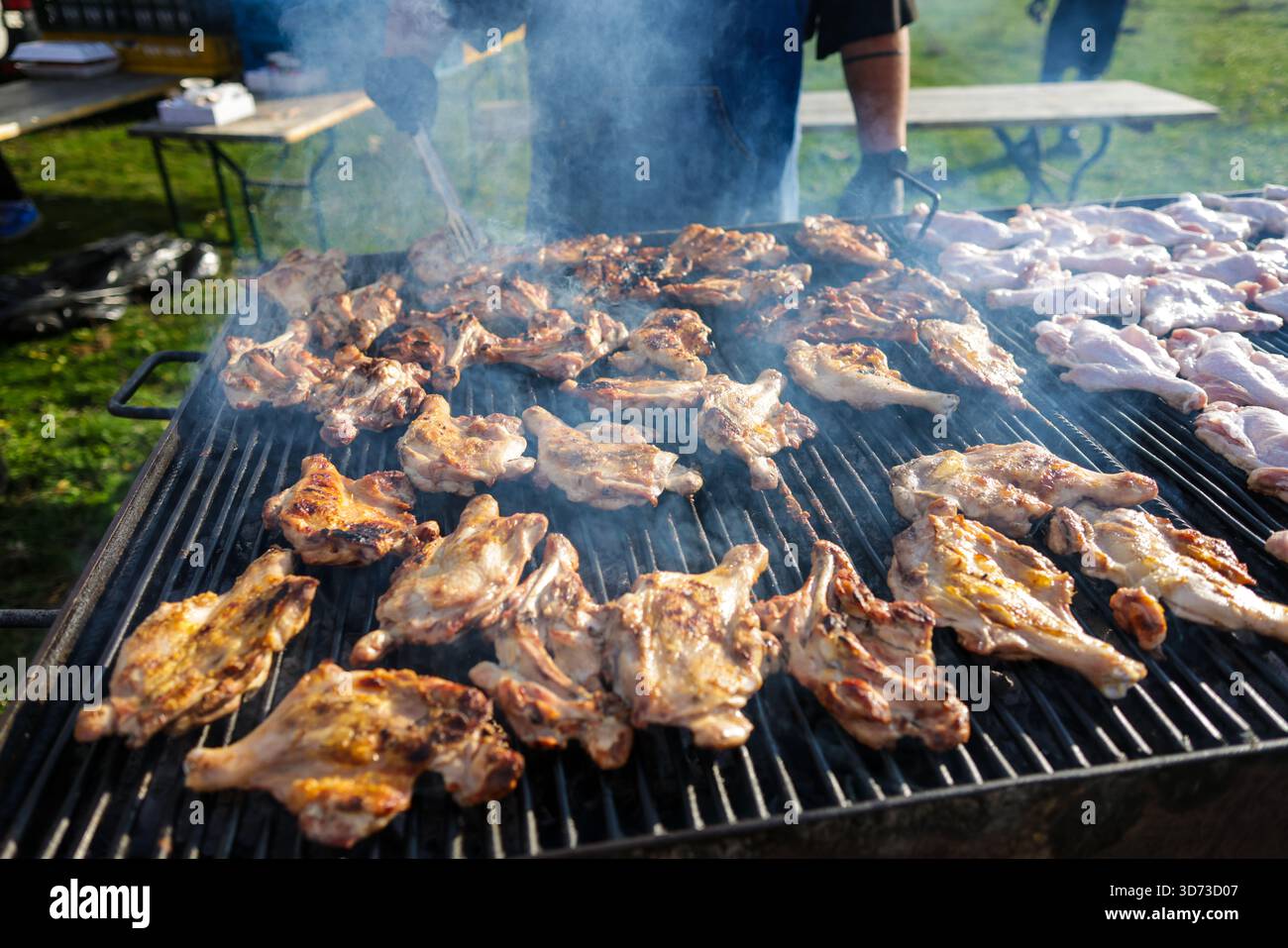 Profondità di campo bassa (messa a fuoco selettiva) dettagli con cosce di pollo su un barbecue di metallo all'aperto durante una giornata di sole. Foto Stock