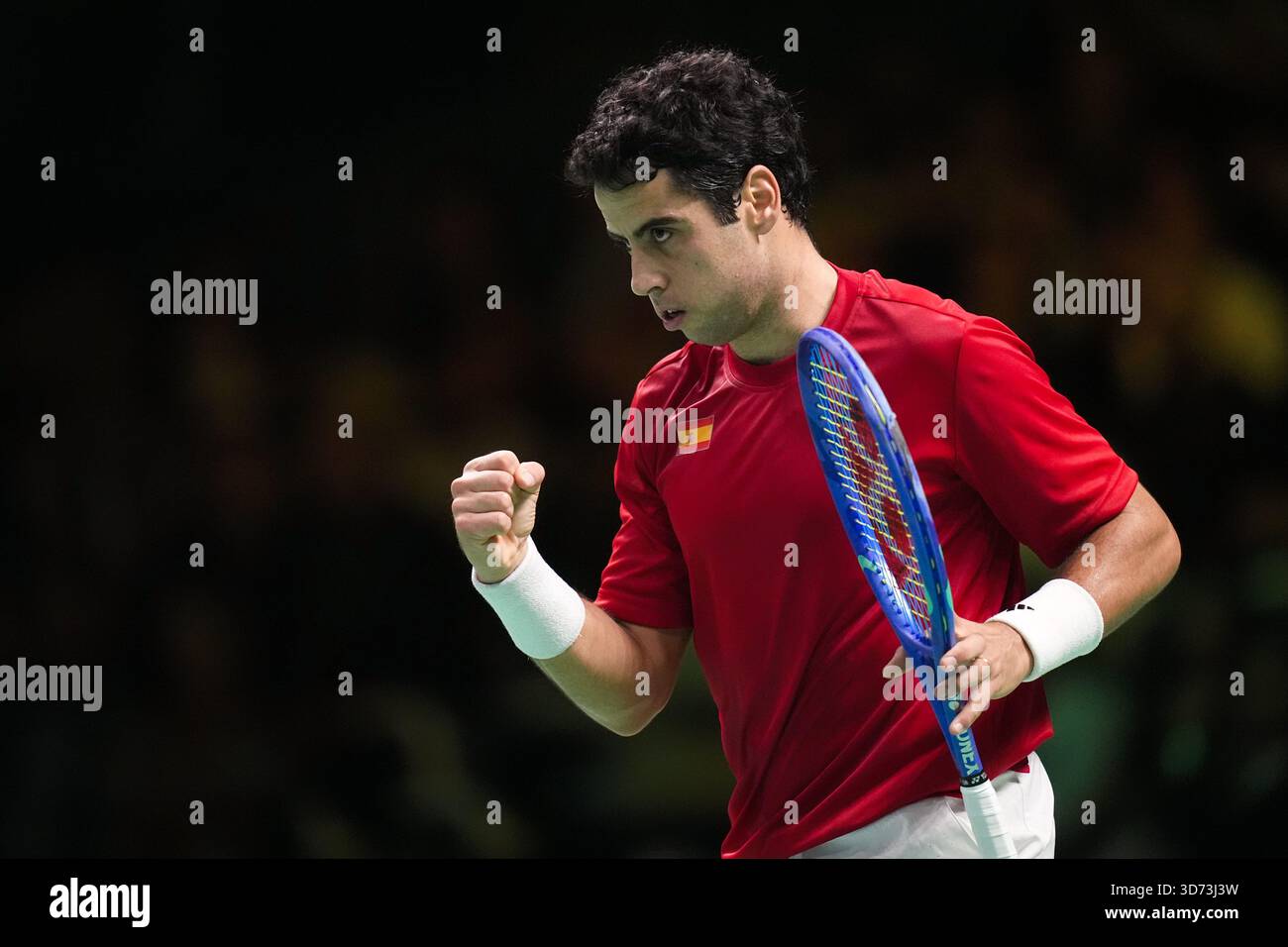 Jaume Munar festeggia durante la finale di Coppa Davis 2025 tra Flavio Cobolli (Italia) e Jaume Munar (Spagna) a Bologna Fiere, Bologna, Italia - 23 novembre 2025. Sport - Tennis. (Foto di massimo Paolone/LaPresse) Foto Stock