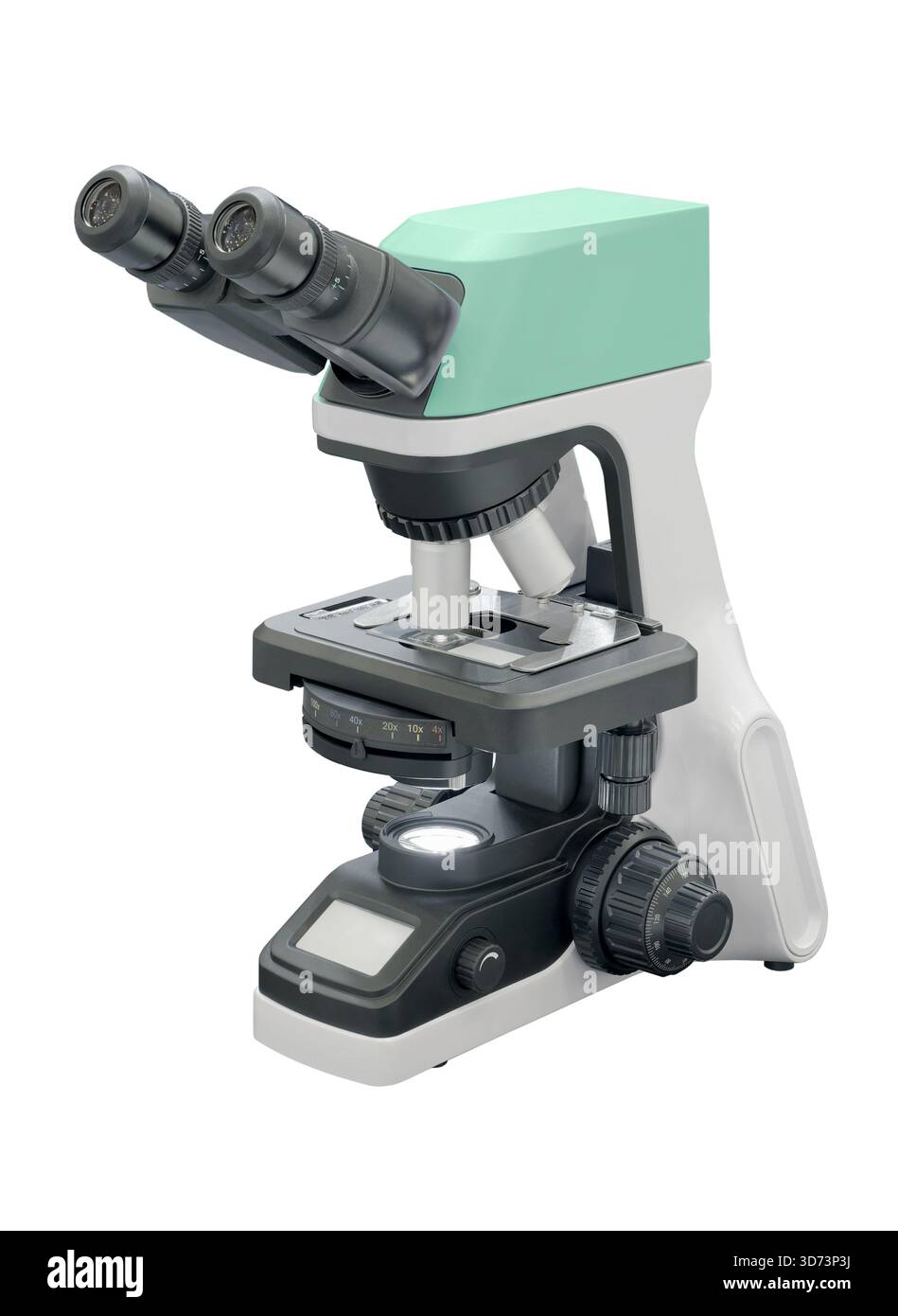 Microscopio da laboratorio moderno, isolato su sfondo bianco Foto Stock