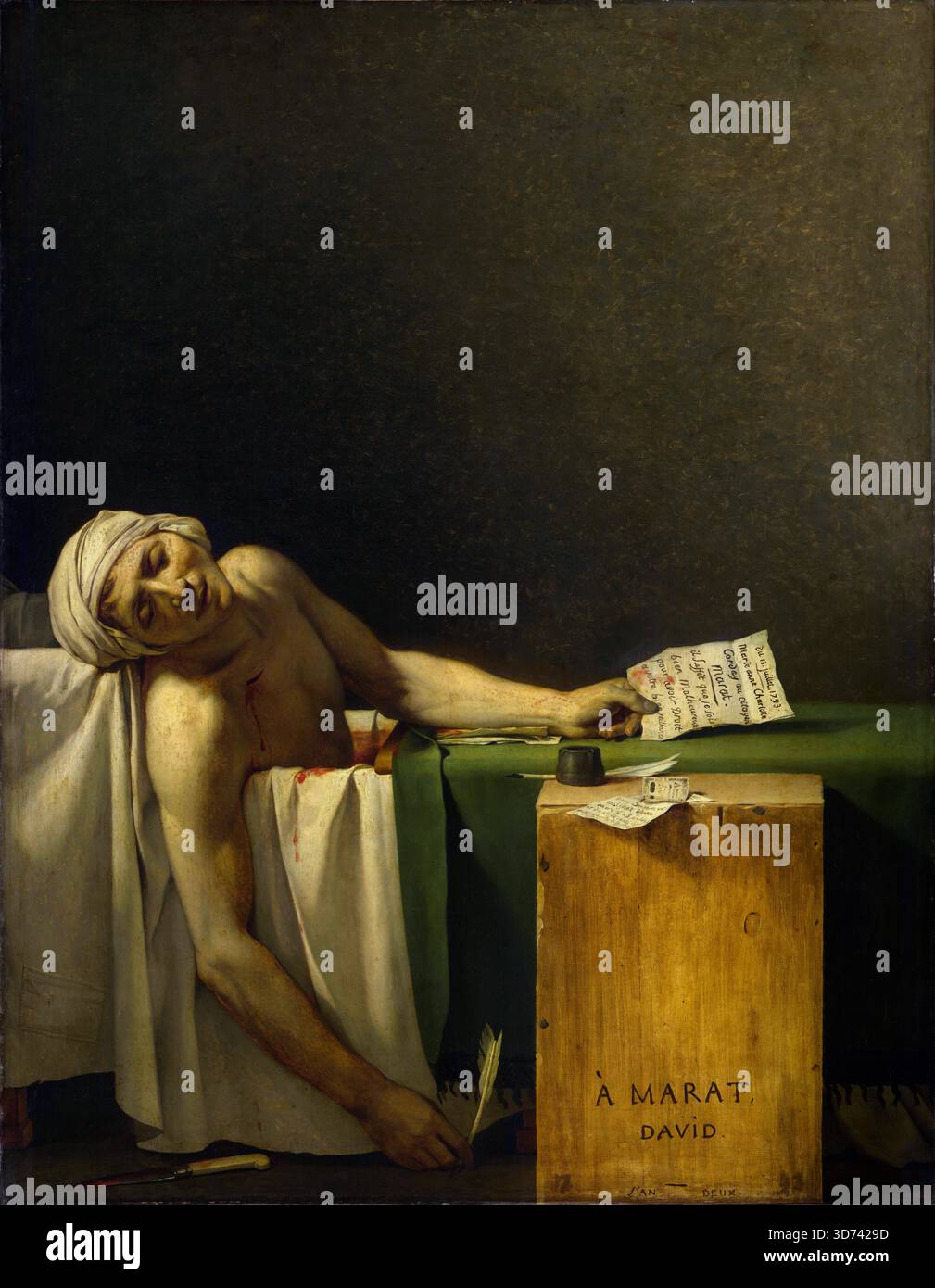 La Mort de Marat (la morte di Marat), 1793 dipinto ad olio dell'artista francese Jacques-Louis David (1748-1825) che mostra il rivoluzionario assassinato Jean-Paul Marat (1743-1793) steso nella sua vasca da bagno, stringendo una lettera macchiata di sangue, pochi istanti dopo il suo assassinio da parte di Charlotte Corday. Foto Stock
