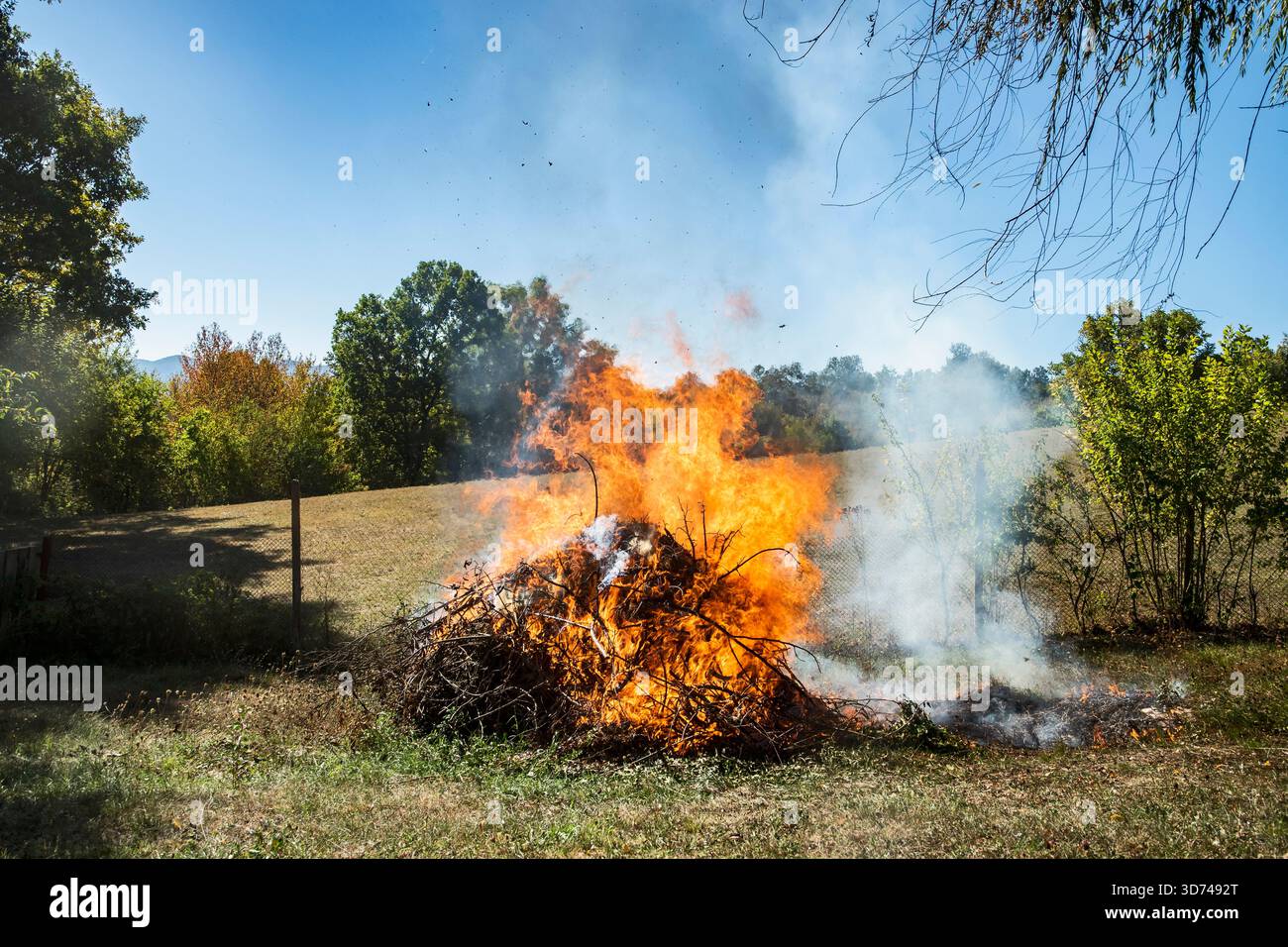 I detriti secchi del cantiere bruciano e si bruciano durante la pulizia autunnale in un campo rurale Foto Stock