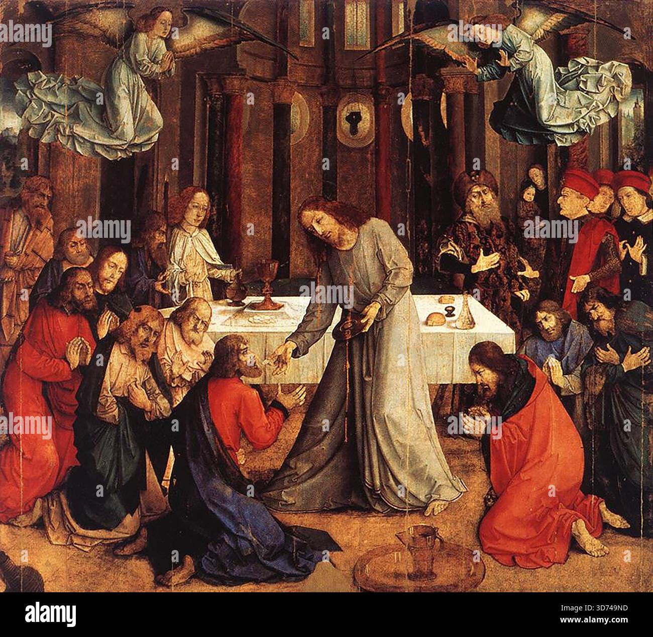JOOS van Wassenhove (attivo c.1460-80) l'istituzione dell'Eucaristia 1473-75 olio su legno, 331 x 335 cm Galleria Nazionale delle Marche, Urbino l'opera più importante e perfetta di Joos van Wassenhove (Giusto di Gand) è di gran lunga l'istituzione dell'Eucaristia (la Comunione degli Apostoli), dipinta per l'altare maggiore della Confraternita del Corpus Domini. L'immagine era basata su un dipinto di fra Angelico che Justus potrebbe aver visto al convento di San Marco a Firenze, in cui i discepoli lasciano la tavola per inginocchiarsi ai piedi di Cristo. Eppure, nonostante questa influenza, il lavoro finito mostra Foto Stock