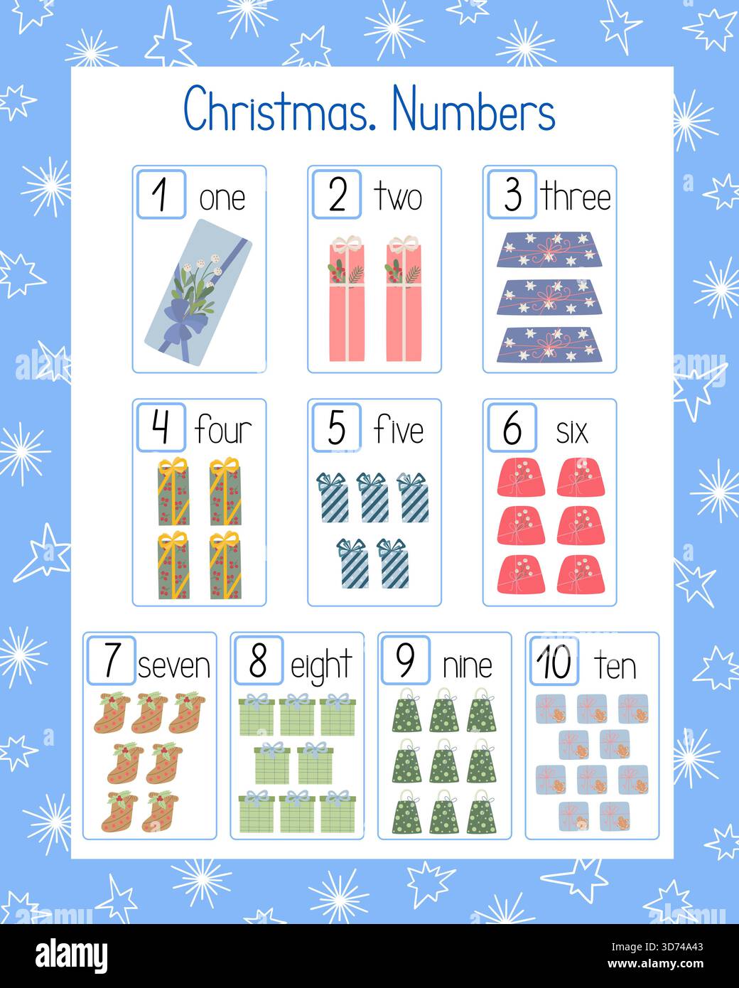 Regali di Natale: Numero di flashcard, foglio di lavoro didattico per l'asilo nido, l'asilo, attività di svago prescolare, risorse per gli insegnanti, modello stampabile di attività per le vacanze in classe o a casa Illustrazione Vettoriale