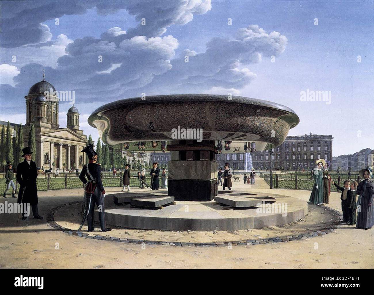 HUMMEL, Johann Erdmann (nato 1769, Kassel, d. 1852, Berlino) Granite Basin in the Lustgarten c. 1831 Oil on Canvas, 66 x 89 cm Nationalgalerie, Berlino gli anni tra la sconfitta di Napoleone nel 1815 e le rivoluzioni del 1848, conosciute come l'era Biedermeier, furono un periodo di relativa pace, prosperità e innovazione nell'Europa di lingua tedesca. L'arte del periodo venne caratterizzata da quella che un critico dell'epoca chiamava "semplicità rigorosa". Nella pittura, l'enfasi fu data alla registrazione oggettiva dei fenomeni naturali, e gli artisti cercarono di ottenere una finitura simile allo smalto che mascherasse l'individe Foto Stock