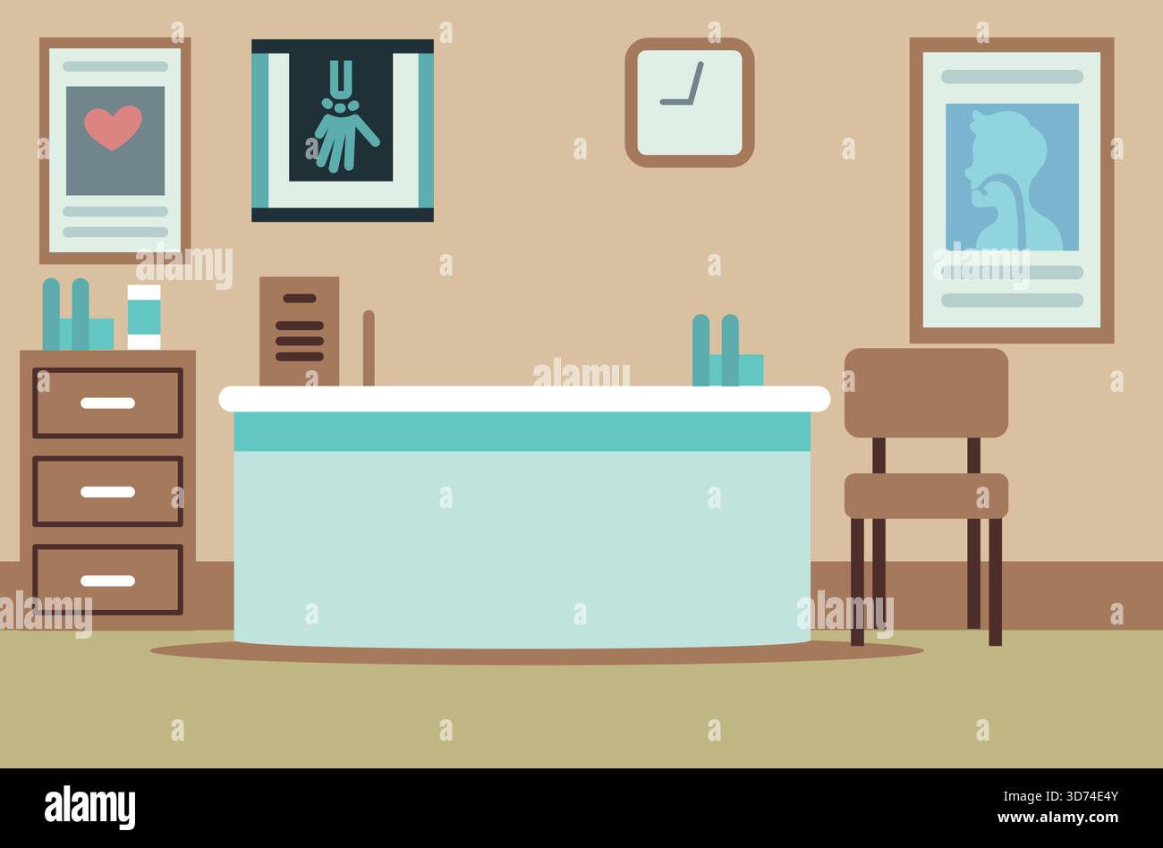 Un disegno a cartoni di uno studio medico con un orologio sul muro e un'immagine di uno scheletro sul muro Illustrazione Vettoriale