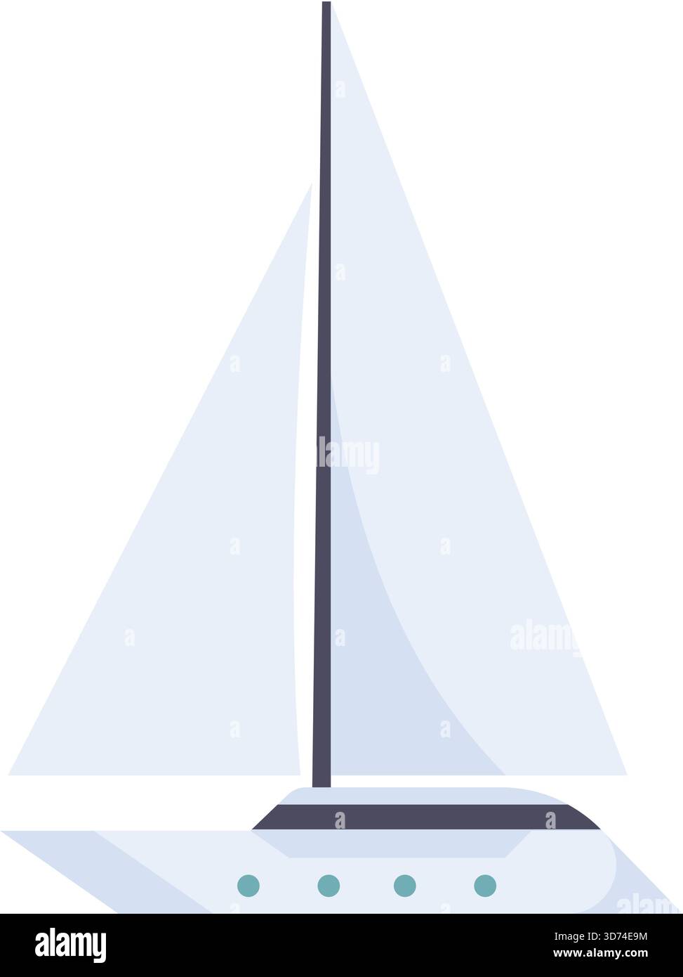 Una barca a vela bianca con una striscia blu. La barca è alta e snella, con un albero lungo. La vela è sparsa, a indicare che l'imbarcazione è in movimento. Co Illustrazione Vettoriale