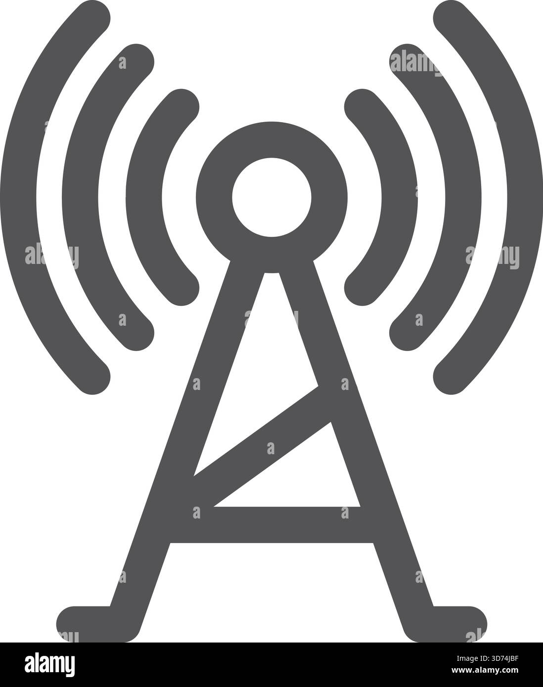 Immagine in bianco e nero di una torre radio con un simbolo di onda radio. La torre radio è alta e ha una forma conica. Concetto di tecnologia e comunicazione Illustrazione Vettoriale