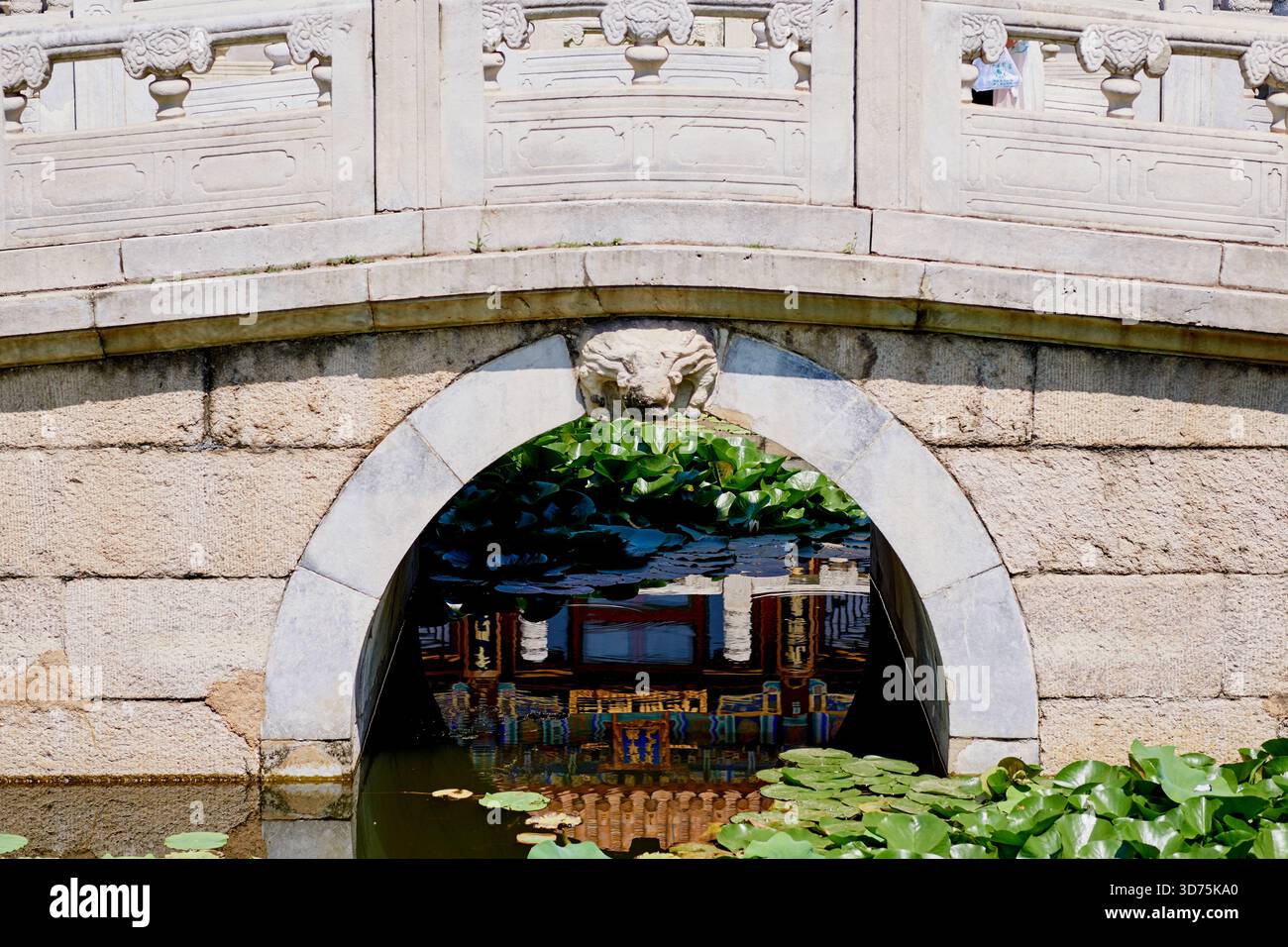 Ponte dello stagno con riflessi - Palazzo d'Estate a Pechino, Cina Foto Stock