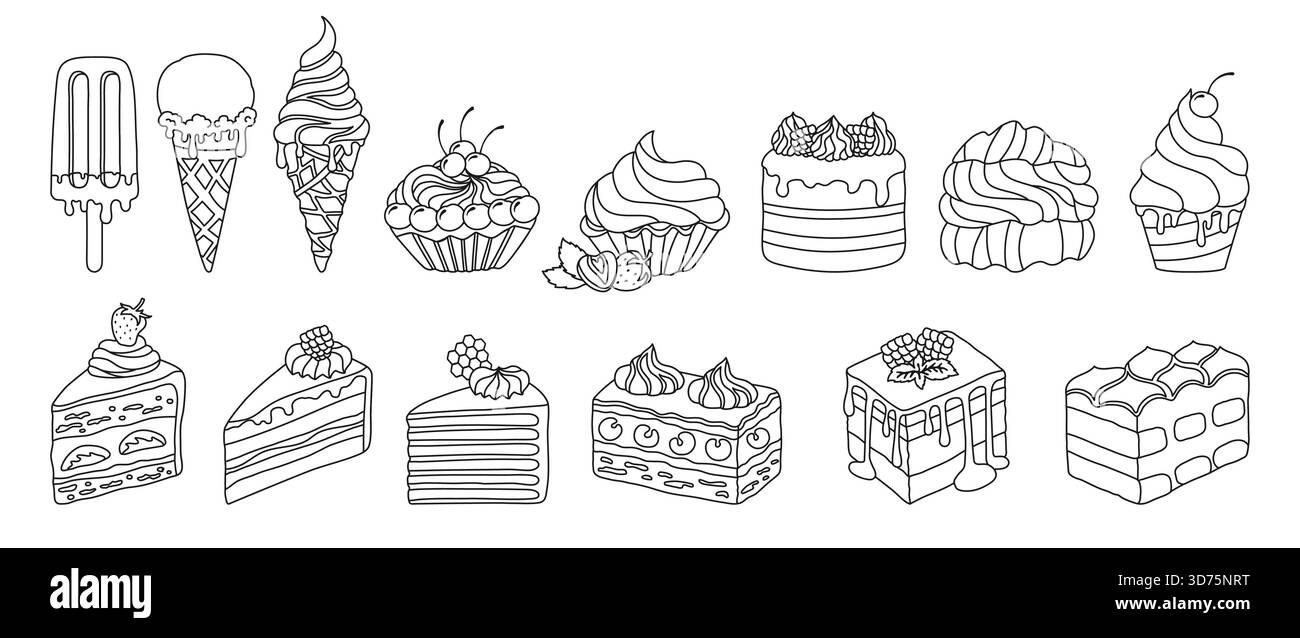 Torte, fette di torta e gelato, diversi tipi di dessert fanno da contorno al set di doodle. Illustrazione della consistenza di vari fette di torta per il compleanno o il matrimonio. Dolce arte della pasticceria natalizia. Disegno vettoriale di cartoni animati disegnati a mano Illustrazione Vettoriale