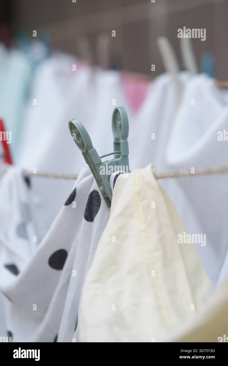 Clothespin che tiene il tessuto bagnato su una clothesline al sole Foto Stock