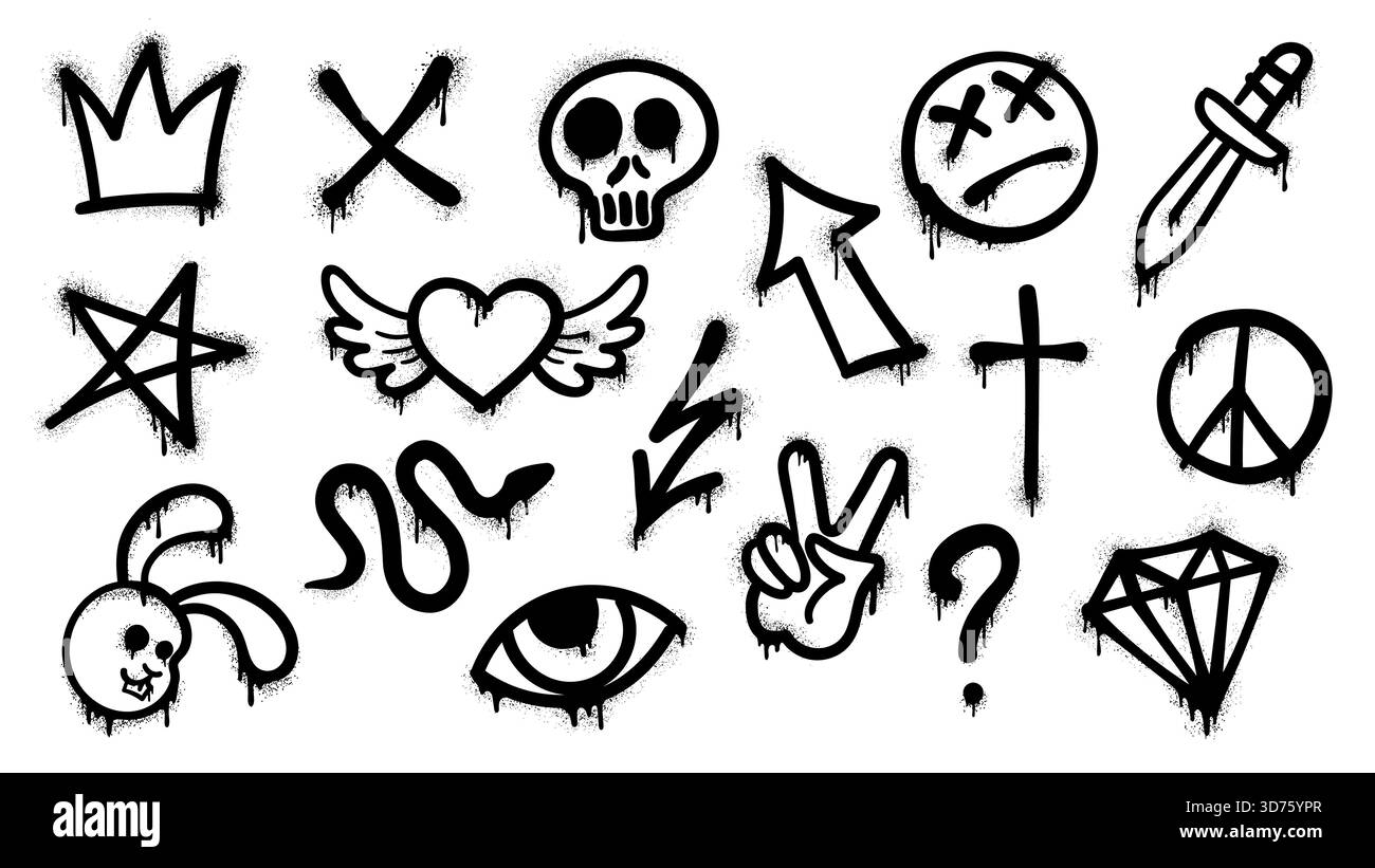 Set di icone vettoriali per graffiti di Street art grunge. Elementi di cultura urbana nera. Serpente, cranio, testa di corona e coniglio, fulmine, punto interrogativo e cuore alato. Occhio, stella e croce Illustrazione Vettoriale