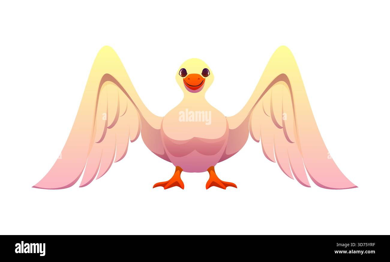 Lettera M del cartone animato come personaggio di uccello con ali aperte, becco arancione ed espressione allegra. Caratteri agricoli vettoriali, font fattoria, tipo raccolto, alfabeto inglese divertente come un animale simpatico e simpatico Illustrazione Vettoriale