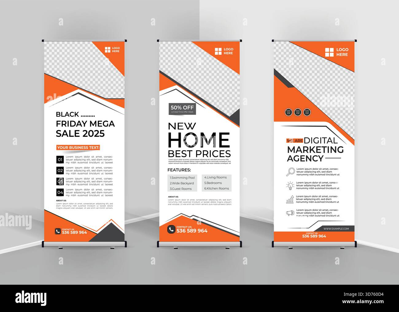 Set di modelli di design per banner Roll-up versatili, Branding in bianco e nero per le vendite del Black Friday, le promozioni immobiliari e le agenzie di marketing digitale Illustrazione Vettoriale
