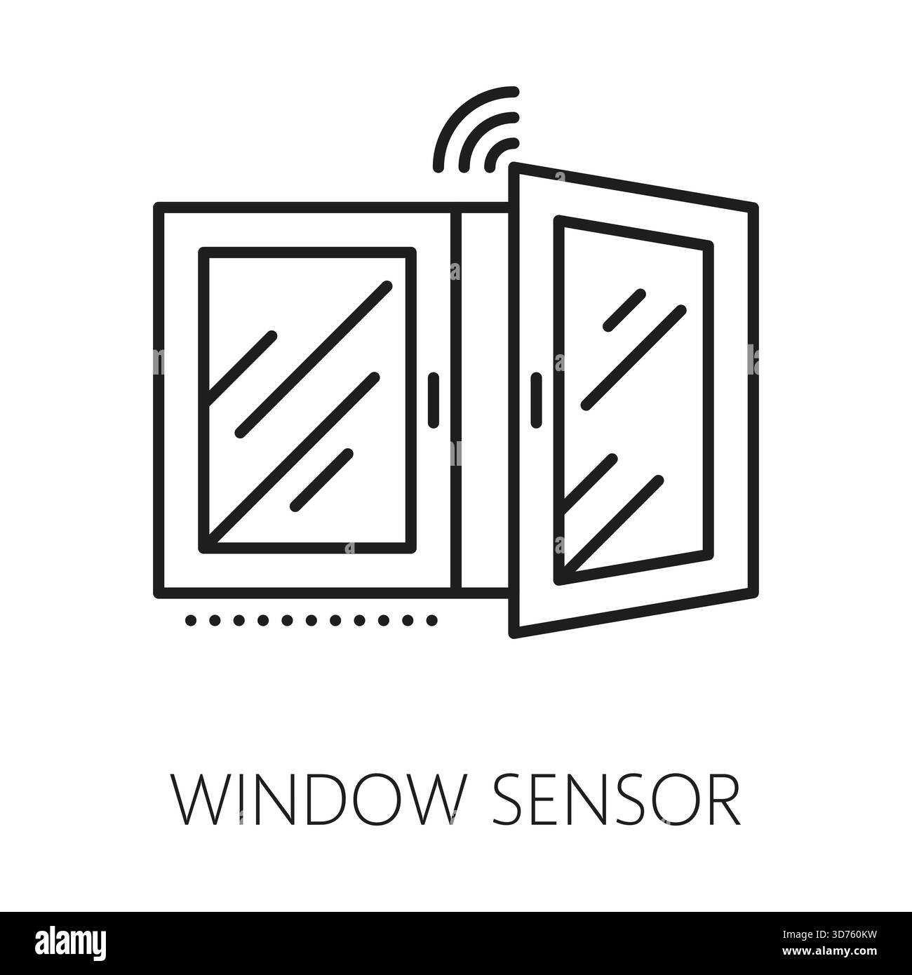 Icona o simbolo della linea dell'apparecchiatura di sicurezza domestica del sensore finestra. Icona vettoriale linea sottile del dispositivo di sicurezza domestico, simbolo di contorno dei componenti elettronici di protezione. Segnale dell'apparecchiatura di allarme con la finestra iniziale aperta Illustrazione Vettoriale