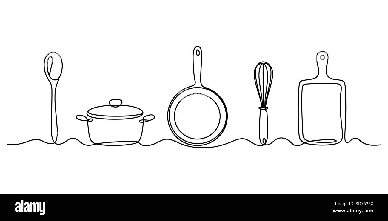 Collezione continua di utensili da cucina artistici: Cucchiaio, pentola, padella, frusta, tavola Illustrazione Vettoriale