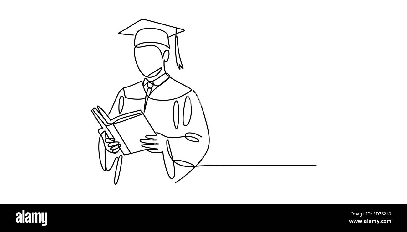 Disegno in linea continua di uno studente in abito di laurea che legge un libro Illustrazione Vettoriale