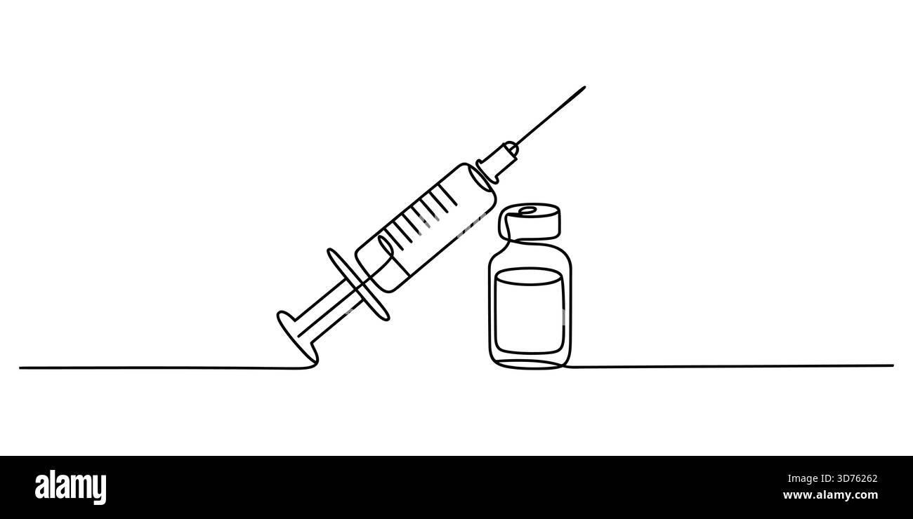 Disegno continuo di una siringa e di un flaconcino medico per la sanità Illustrazione Vettoriale