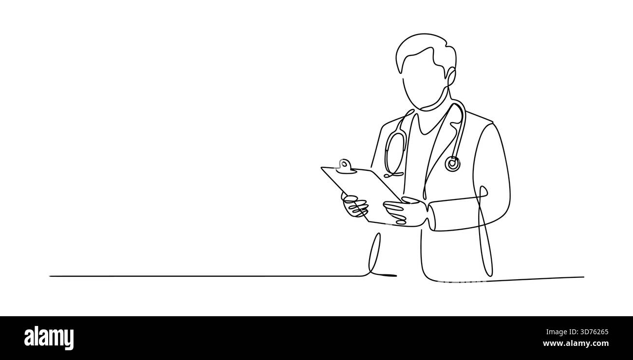 Disegno in linea continua di un medico che tiene gli appunti e indossa lo stetoscopio Illustrazione Vettoriale