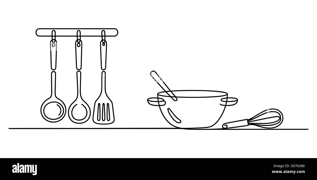 Arte continua di utensili da cucina, pentole, frusta, cucchiaio e spatole Illustrazione Vettoriale