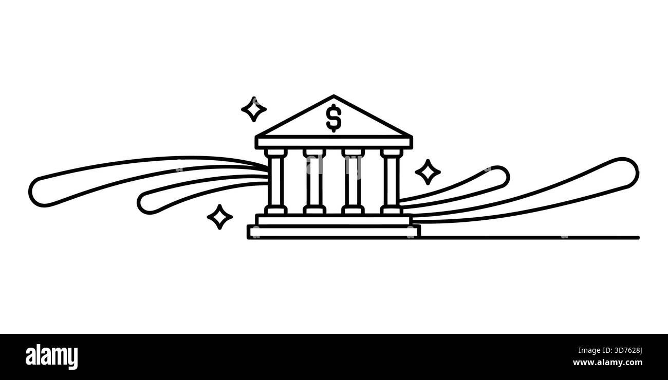 Moderno edificio bancario minimalista delineato con segno del dollaro e flusso finanziario Illustrazione Vettoriale