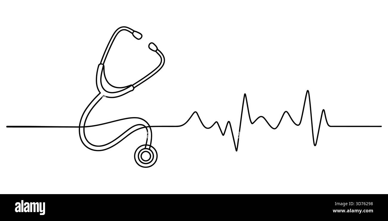 Disegno minimalista della linea continua di uno stetoscopio e dell'onda del polso del battito cardiaco Illustrazione Vettoriale