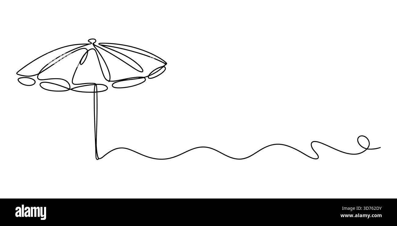 Disegno astratto di una linea continua di un ombrellone e di un orizzonte ondulato. Illustrazione Vettoriale