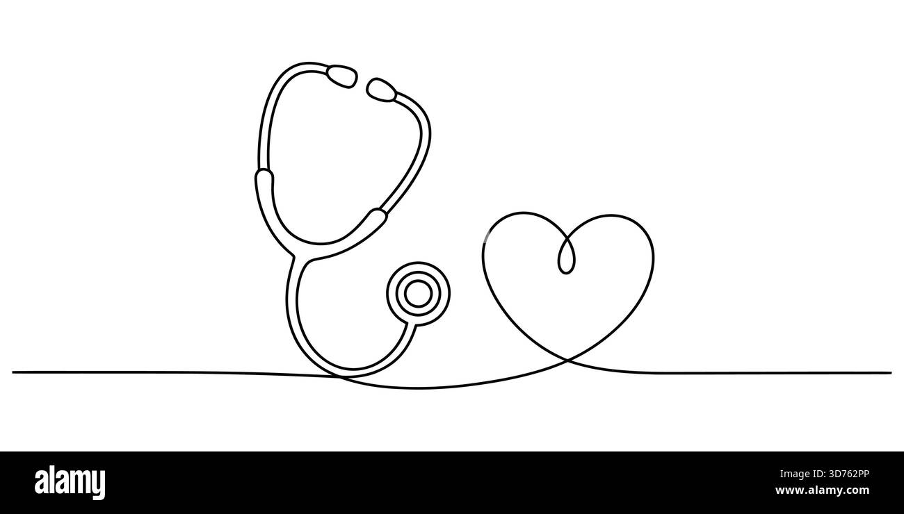 Linea continua disegno di stetoscopio e cuore su sfondo bianco cure mediche Illustrazione Vettoriale