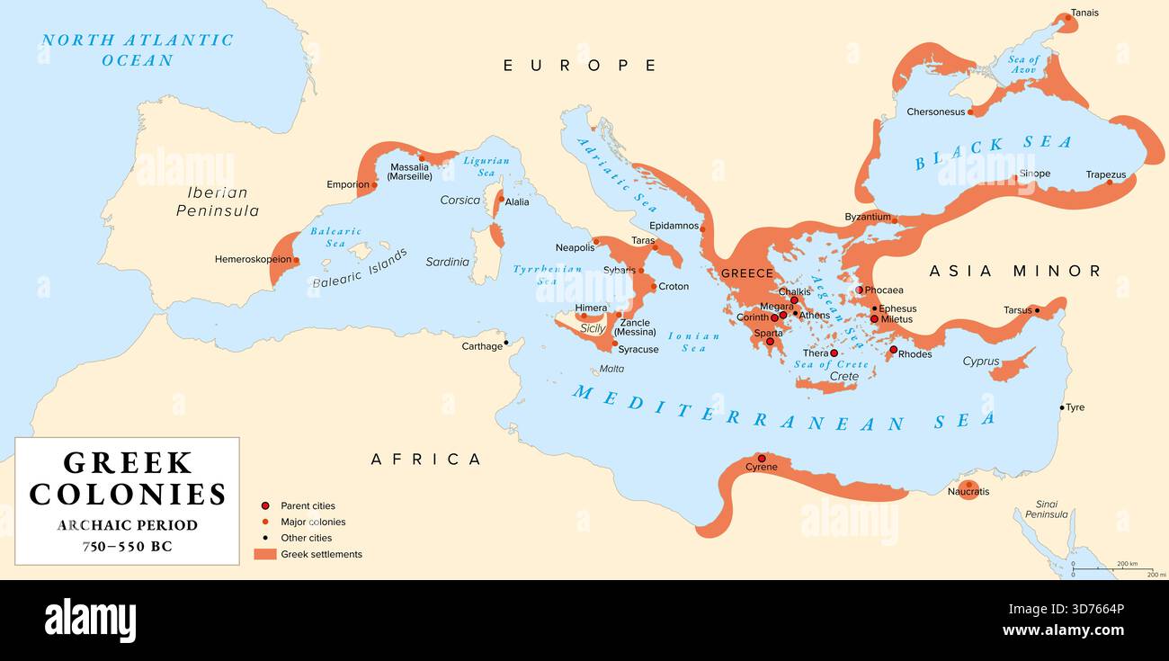 Antiche colonie greche e città madre, mappa della storia. Colonizzazione greca durante il periodo arcaico, dal 750 al 550 a.C., attraverso il Mediterraneo e il Mar Nero. Foto Stock