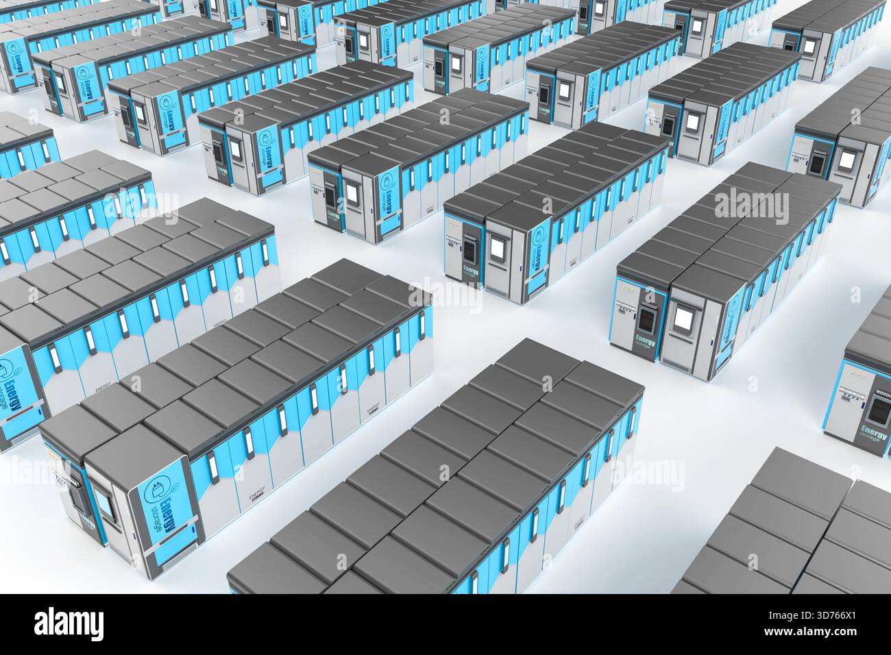 gruppo di rendering 3d di sistemi di immagazzinamento dell'energia o unità contenitore batteria isometriche Foto Stock