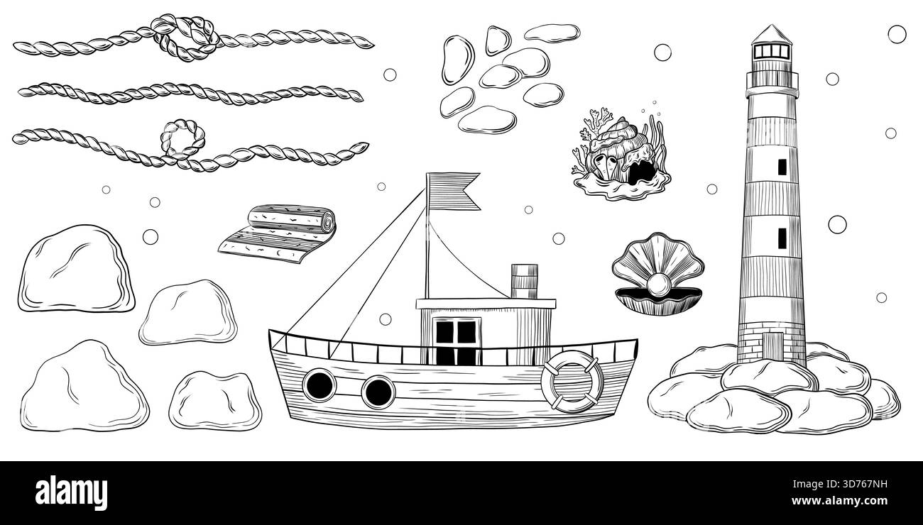 Una serie vettoriale disegnata a mano di oggetti marini dettagliati e a tema di viaggio, tra cui un faro, una barca da pesca, corde, conchiglie, pietre e corallo eleme Illustrazione Vettoriale