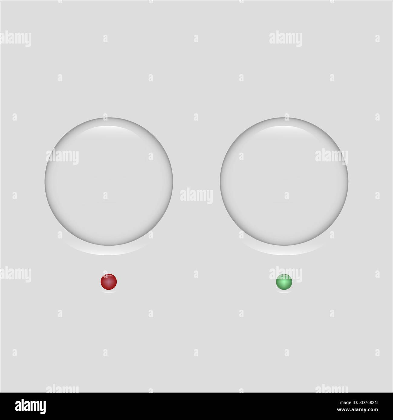 Pulsanti di commutazione a bilanciere. Indicatori verdi rossi. Controlli vettoriali rotondi neumorfici. Elemento interfaccia stato. EPS 10. Illustrazione Vettoriale