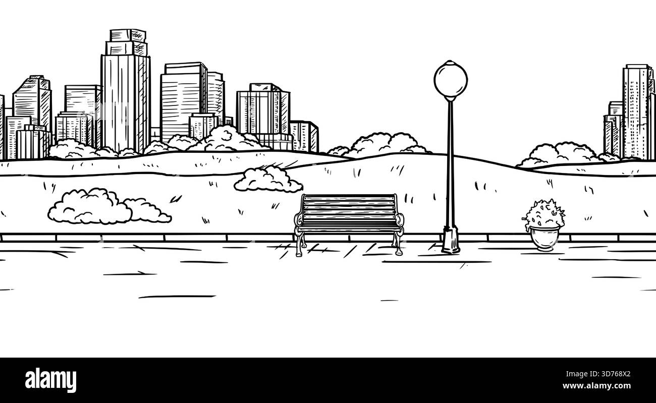 Silhouette di una città megalopoli all'orizzonte e parco cittadino, schizzo in bianco e nero. Illustrazione vettoriale. Boccole e un banco, lanterne e marciapiede, Illustrazione Vettoriale
