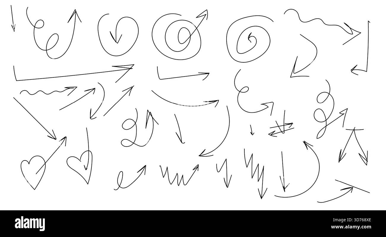 Frecce, cerchi e spirali, schizzo in bianco e nero. Illustrazione vettoriale. Frecce, croci, disegno semplice, isolato su uno sfondo bianco Illustrazione Vettoriale